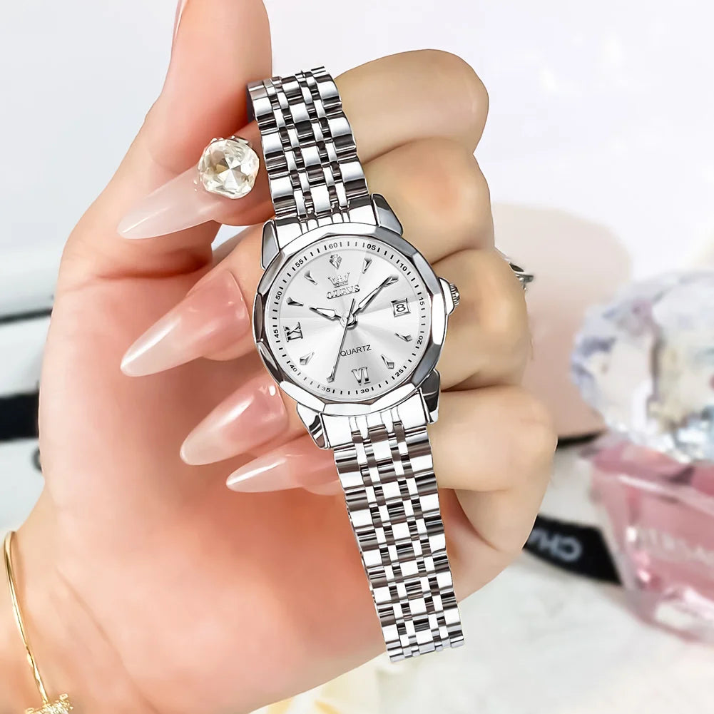 OLEVS Elegant Fashion Ladies Watches 9998 Original Quartz Women's Watches Waterproof Stainless Steel Luminous Date Wristwatch