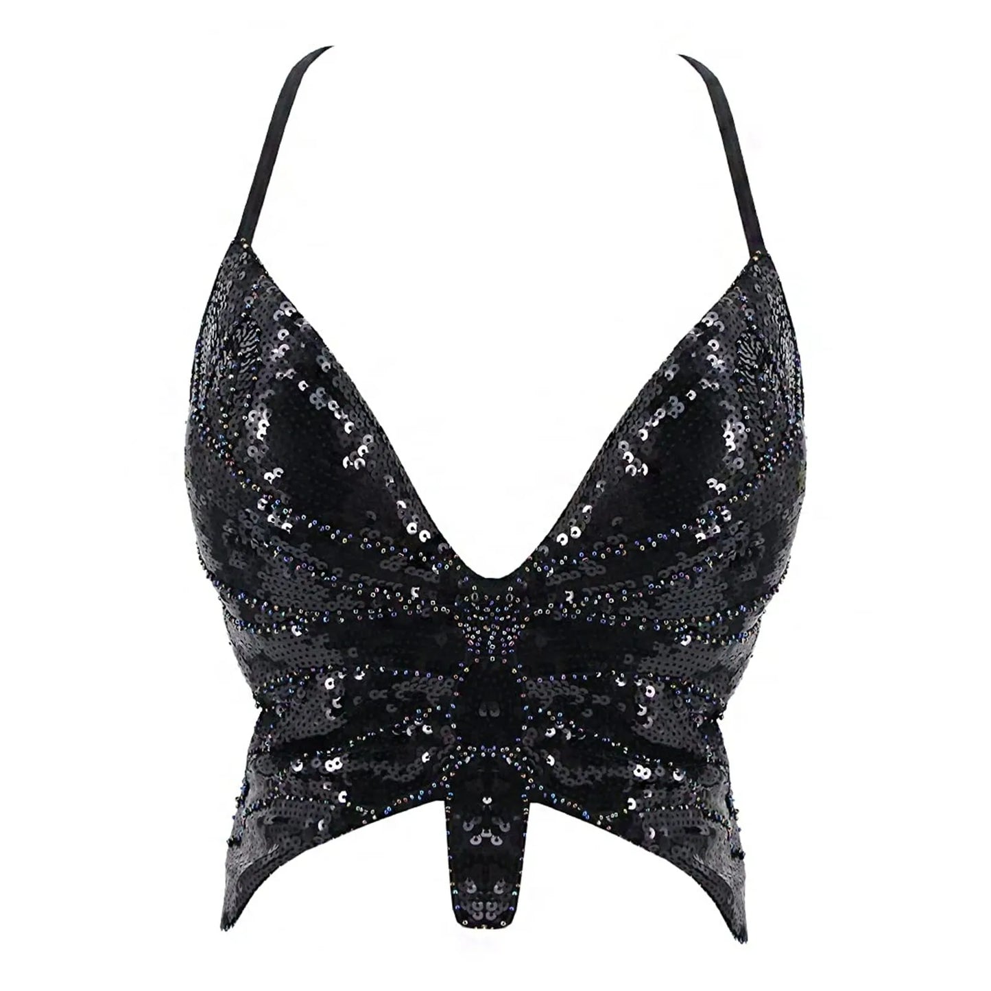 Sexy Glitter Sequins Butterfly Night Club Bra Vest Women's Fashion Sparkly Sleeveless Bandage Tank  Top Female Crop Dance Vest