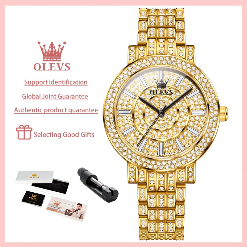 OLEVS Women's Watches Luxury Elegant Full Diamonds Original Quartz Watch for Man Waterproof Stainless Steel Gift Box Bracelet