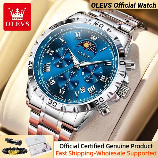 OLEVS Moon Phase Watch for Men Multifunctional Three Small Dials Waterproof Luminous High-Quality Stainless steel Men's Watches