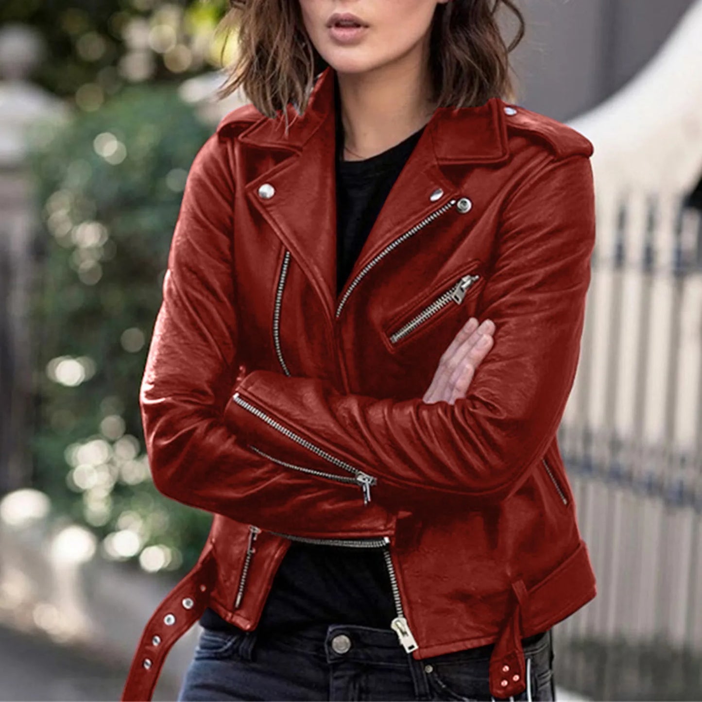 Autumn Women Plus Size PU Leather Jackets Slim Zipper Up Moto Biker Bomber Jacket Winter Belted Retro Women Short Coats S-5XL