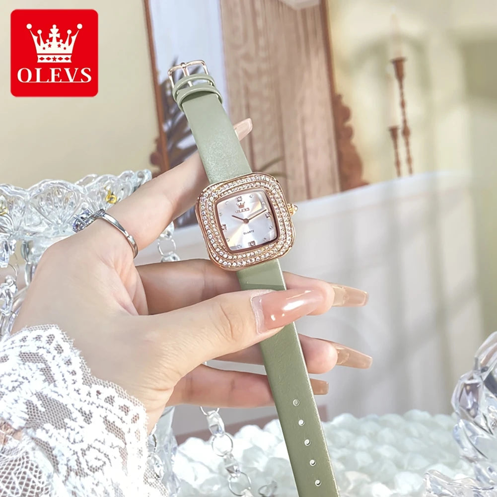 OLEVS 5512 Women Watch Luxury Diamond Square Dial Elegant Comfortable Waterproof Leather Strap Fashion Brand Women Quartz Watch