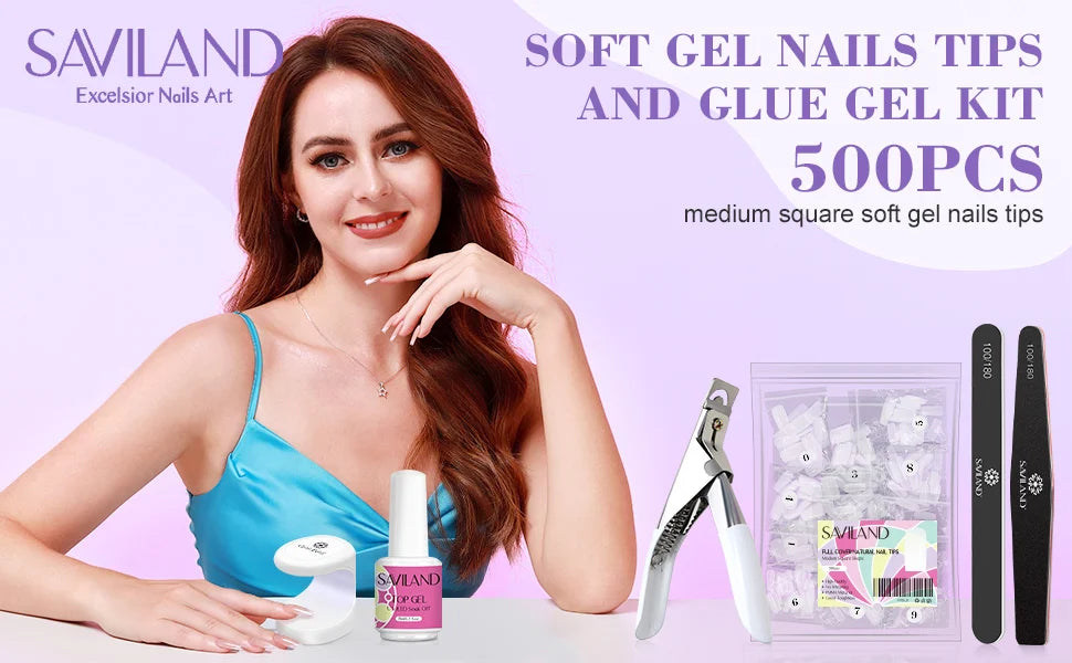 SAVILAND 500pcs Gel X Nail Kit For Extension Nail Tips Full Cover Press On Nails Sculpted Coffin Almond with UV LED Nail Lamp