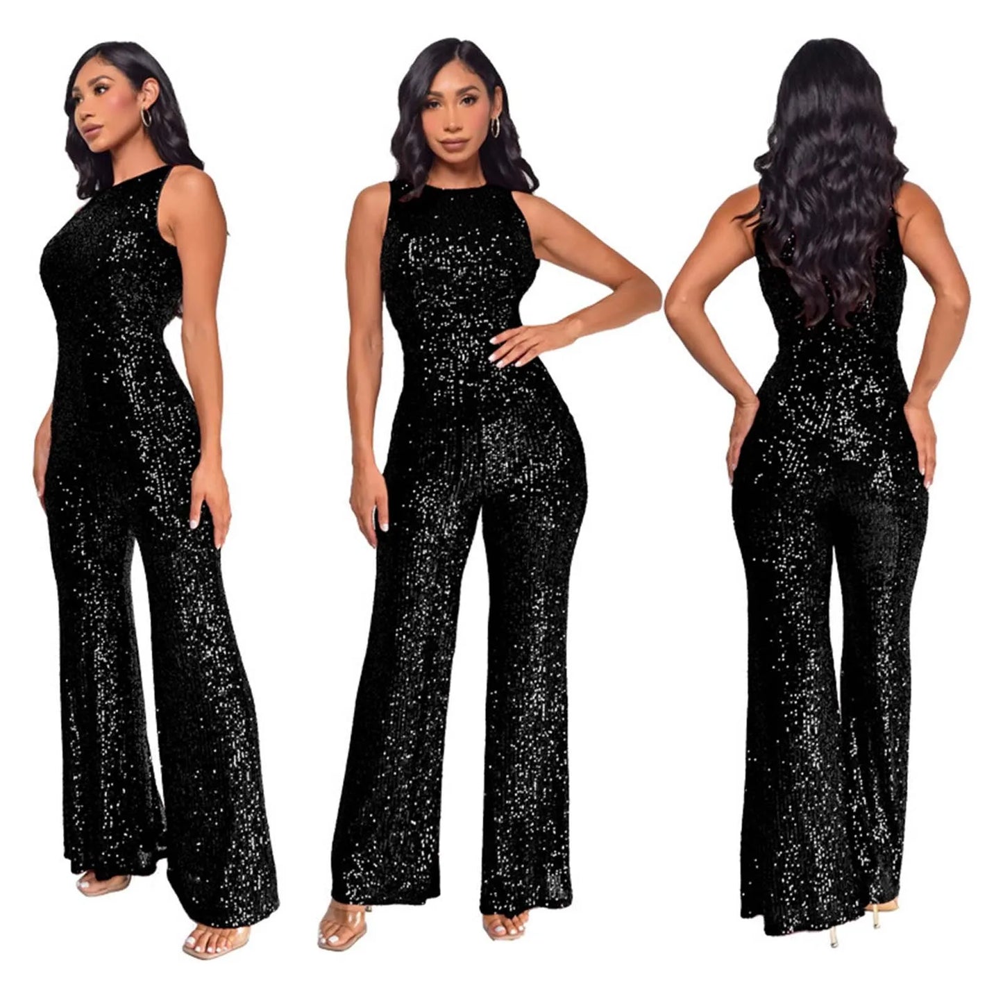 Sparkling Sequins Jumpsuits For Women Elegant Sleeveless Party Overalls Nightclub High Waist Straight Leg Pants Rompers Jumpsuit