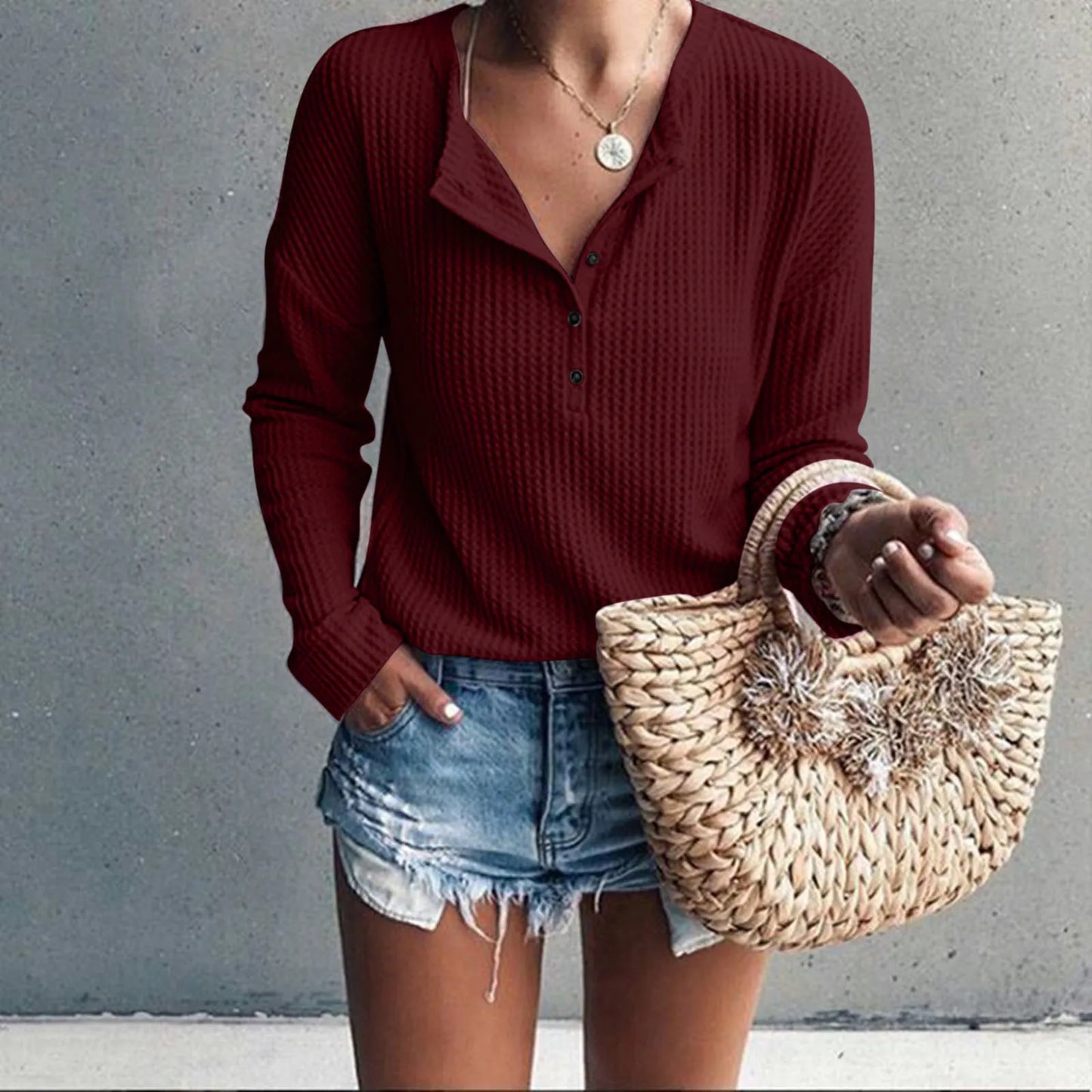 Women Henry Collar Long Sleeve T-Shirt Solid Color Waffle T Shirts Casual Female Button Tees Autumn Winter Basic Top