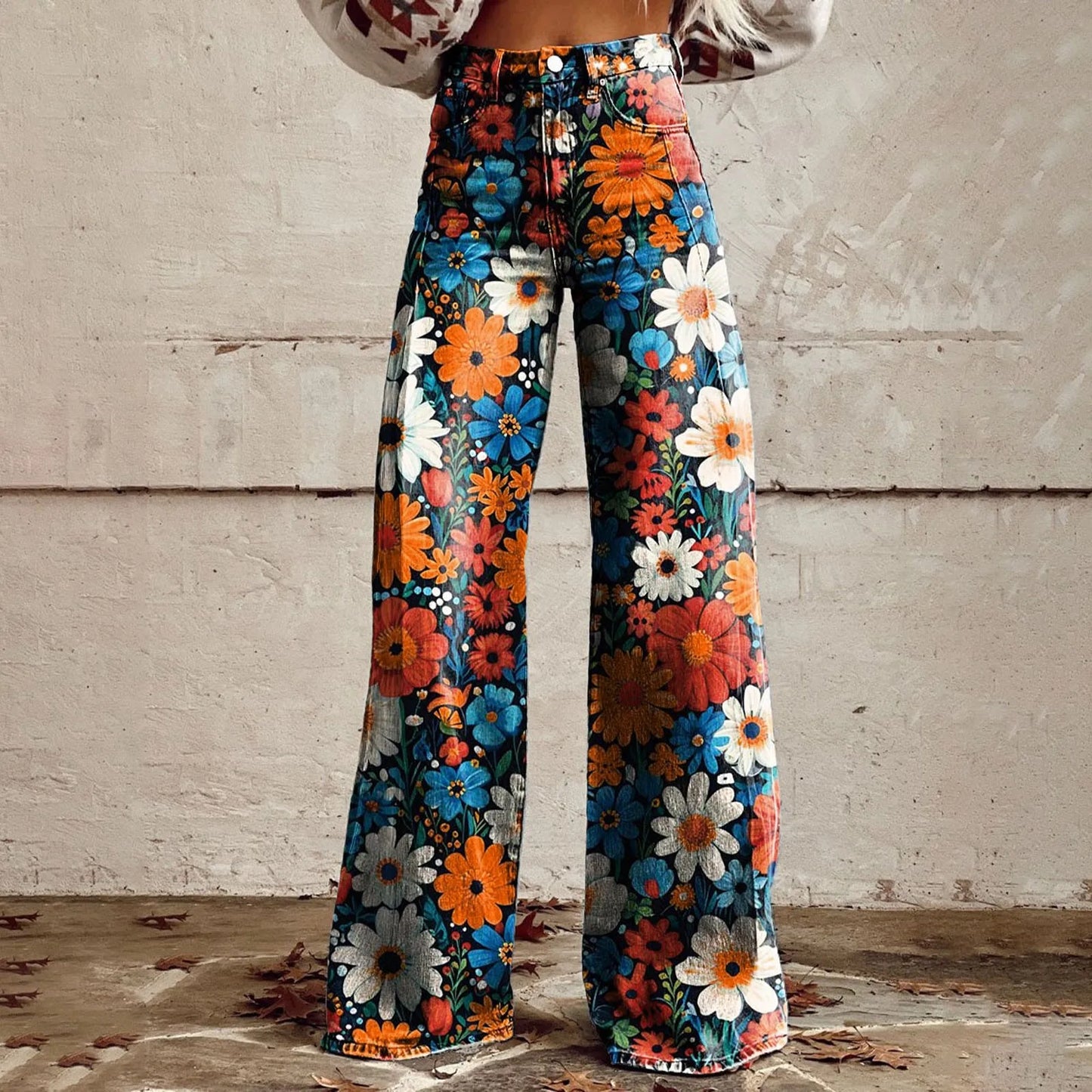 High Waisted Casual Vintage Wide Leg Imitation Jeans Women Fashion 90s Floral Printed Denim Pants Loose Fit Pocket Button Pants