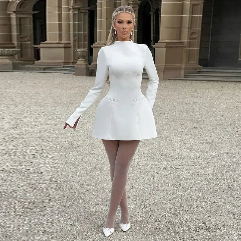 Fashion Backless Long Sleeve A-line Mini Dresses Elegant Women O-neck High Waist Slim Club Party Dress 2024 Autumn Solid Robes