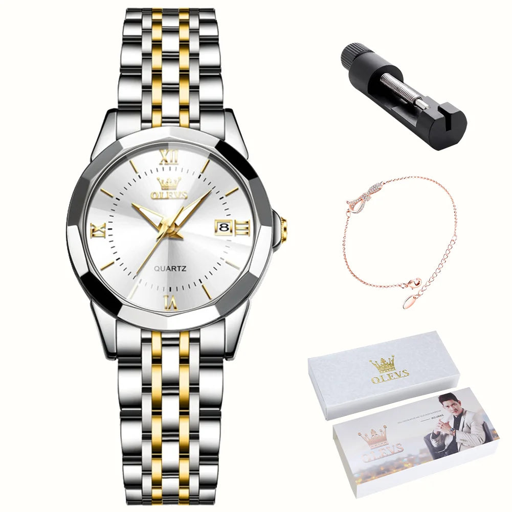 OLEVS Luxury Brand Women's Watches Prismatic Mirror Stainless steel Waterproof Dual Calendar Elegant Quartz Watch for Ladies Set