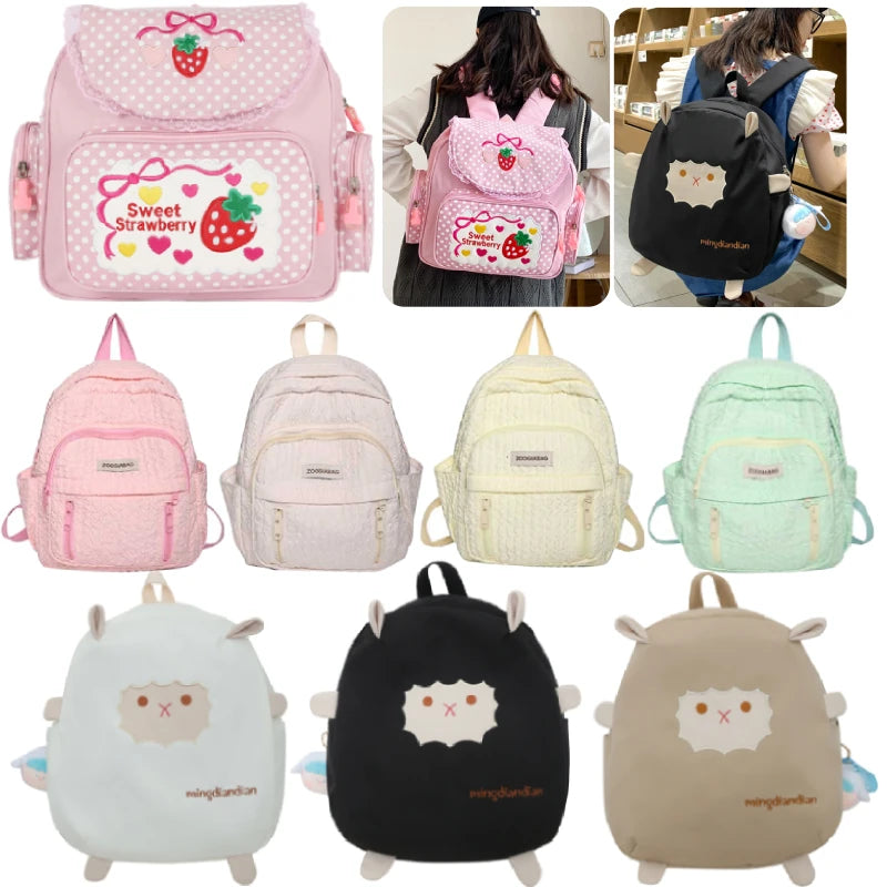 Kawaii Kids School Bag Cute Strawberry Embroidery Student Mochila Dots Multi-Pocket Nylon Fashion College for Teenager Girl