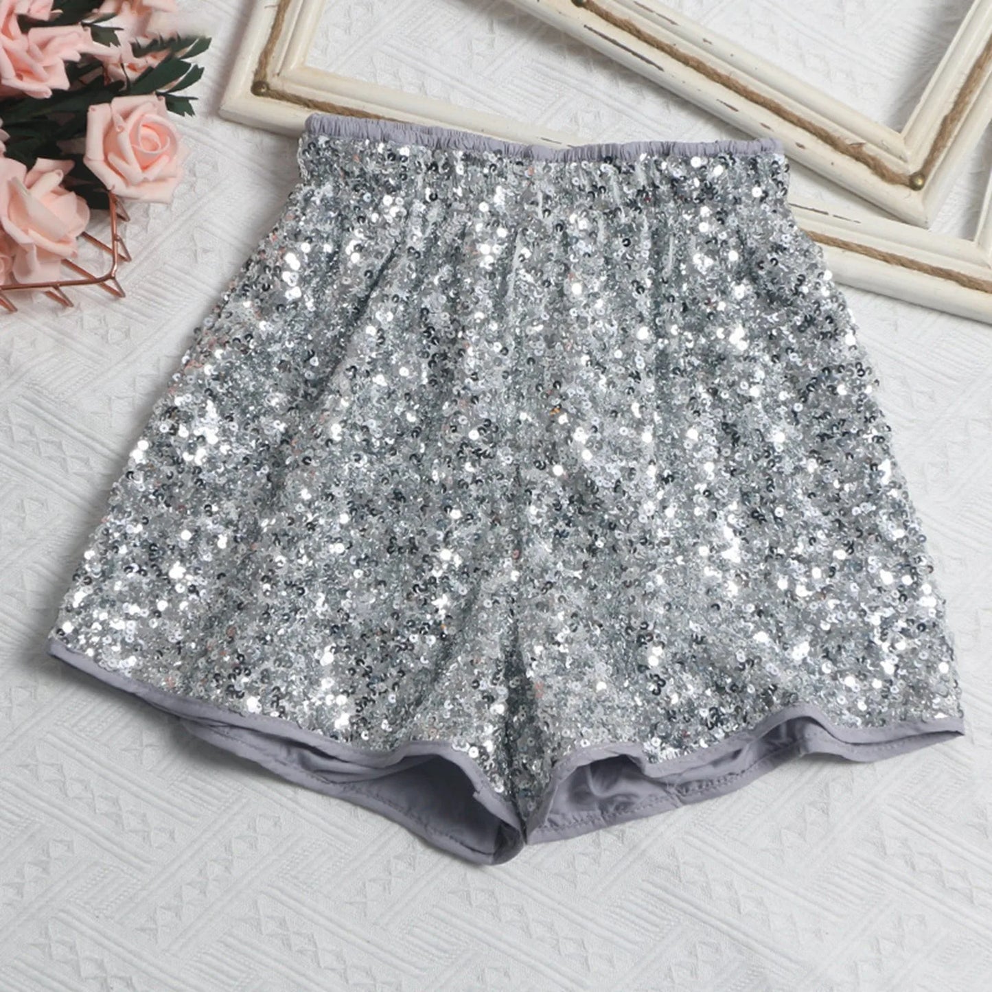 Nightclub Party Dance Women Sequin Shorts 2024 Summer Fashion Elastic High Waist Versatile A Line Shiny Short Pants Streetwear