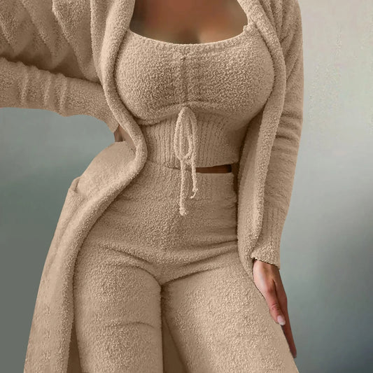 Women Fleece 3 Pc Teddy Spaghetti Strap Crop Tank Wide Long Pants Fuzzy Kimono Cozy Sweatsuit Women Clothing Pantalones De Mujer