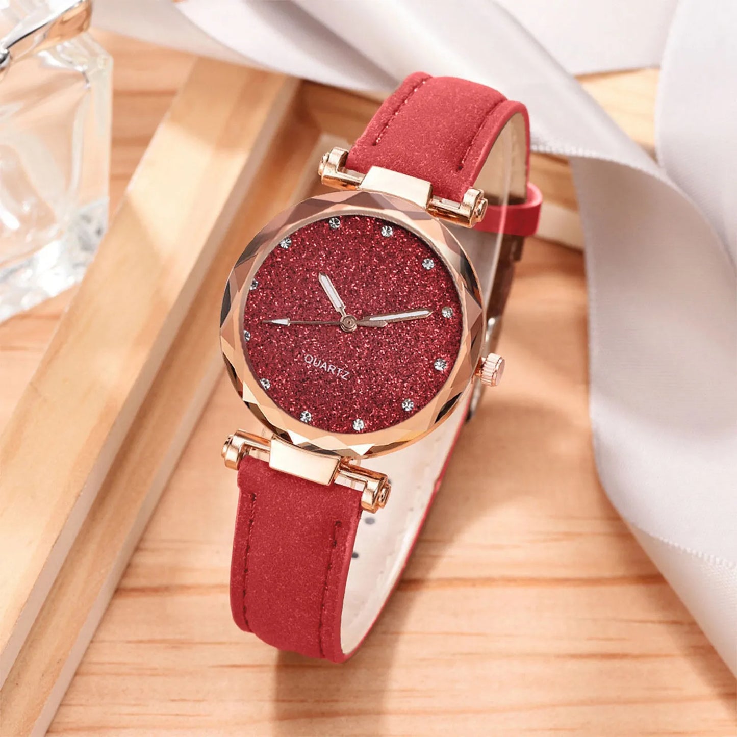 Silver Powder Diamond Face Women'S Watch Frosted Leather Strap For Women Casual Trend Watch Multifunctional Waterproof Watch