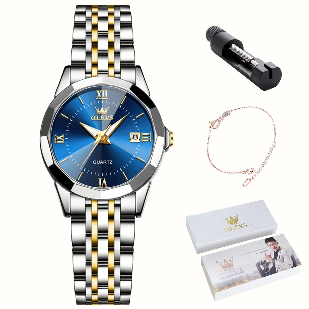 OLEVS Luxury Brand Women's Watches Prismatic Mirror Stainless steel Waterproof Dual Calendar Elegant Quartz Watch for Ladies Set