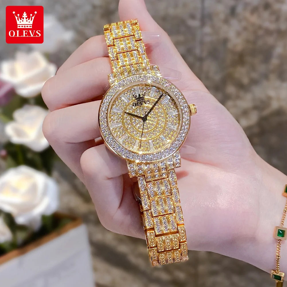 OLEVS Women's Watches Luxury Elegant Full Diamonds Original Quartz Watch for Man Waterproof Stainless Steel Gift Box Bracelet