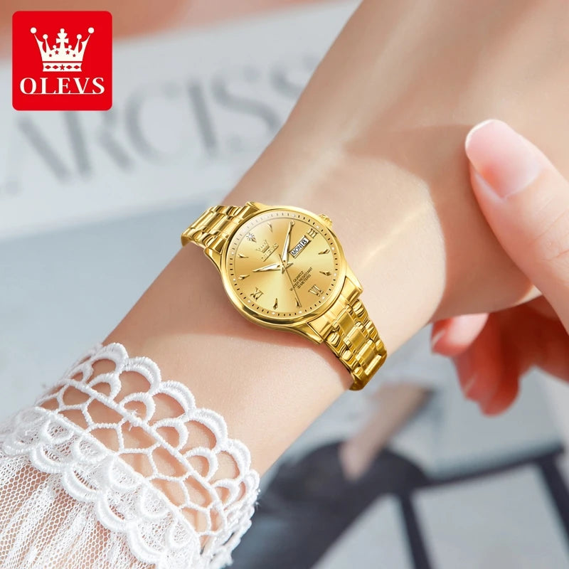 OLEVS Top Brand Elegant Women's Watches Gold Waterproof Fashion Original Quartz Watch for Lady Calendar Week Female Wristwatch