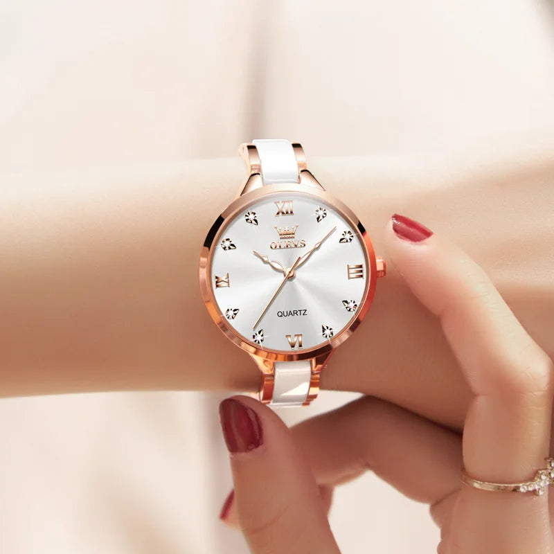 OLEVS Original Quartz Watch for Women Japan Movement Elegant Ceramic Strap Diamond Dial Ladies Watch Waterproof Relógio Feminino