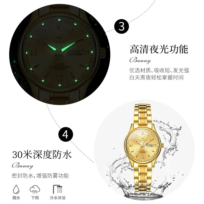 OLEVS Top Brand Elegant Women's Watches Gold Waterproof Fashion Original Quartz Watch for Lady Calendar Week Female Wristwatch