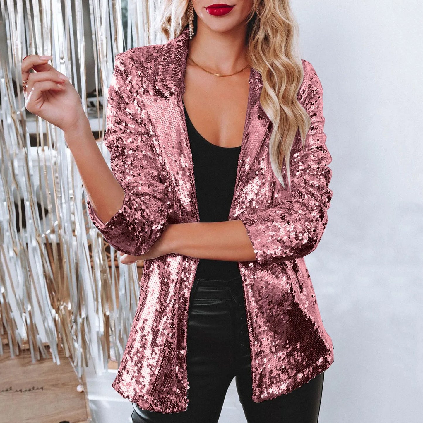 Women Golden Sequins Casual Long Sleeve Glitter Shiny Lapel Party Coat Outerwear Temperament Streetwear Autumn Winter Outwears