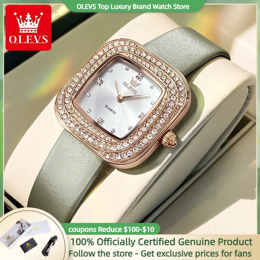 OLEVS 5512 Women Watch Luxury Diamond Square Dial Elegant Comfortable Waterproof Leather Strap Fashion Brand Women Quartz Watch