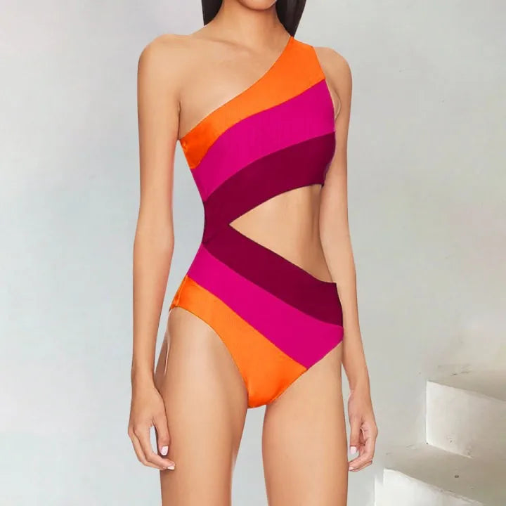 One Shoulder Bathing Suit Cutout Color Block Bikinis Sets Women'S Color Block High Waisted Swimsuit Sporty Swimwear 2024 Trend