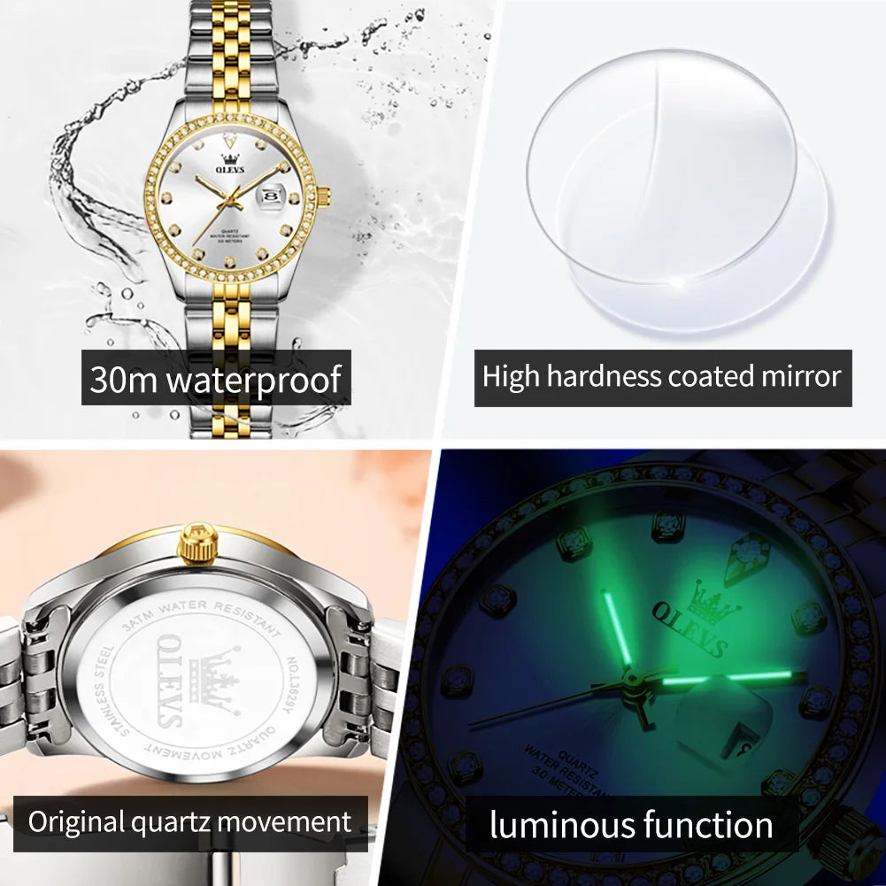 OLEVS Top Brand Women's Watches Elegant Simple Original Quartz Watch for Man Diamond Dial Waterproof Luminous Date Wristwatch