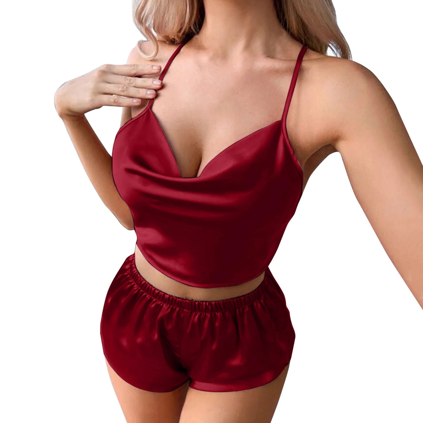 New Womens Sexy Lingerie Satin Pajamas Sets Cami Shorts Two Piece Set Nightwear Sleepwear Solid Pajamas Nightgown Nightwear L2