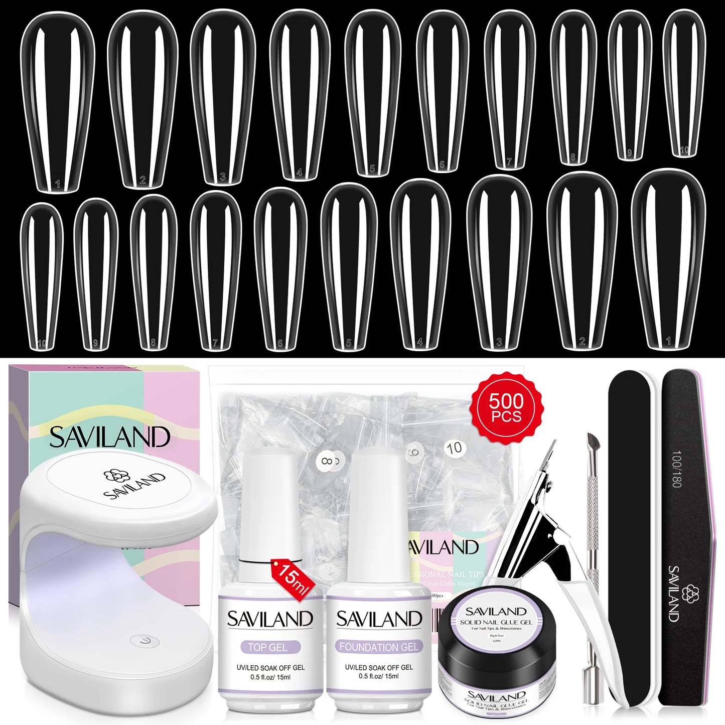 SAVILAND 500pcs Gel X Nail Kit For Extension Nail Tips Full Cover Press On Nails Sculpted Coffin Almond with UV LED Nail Lamp