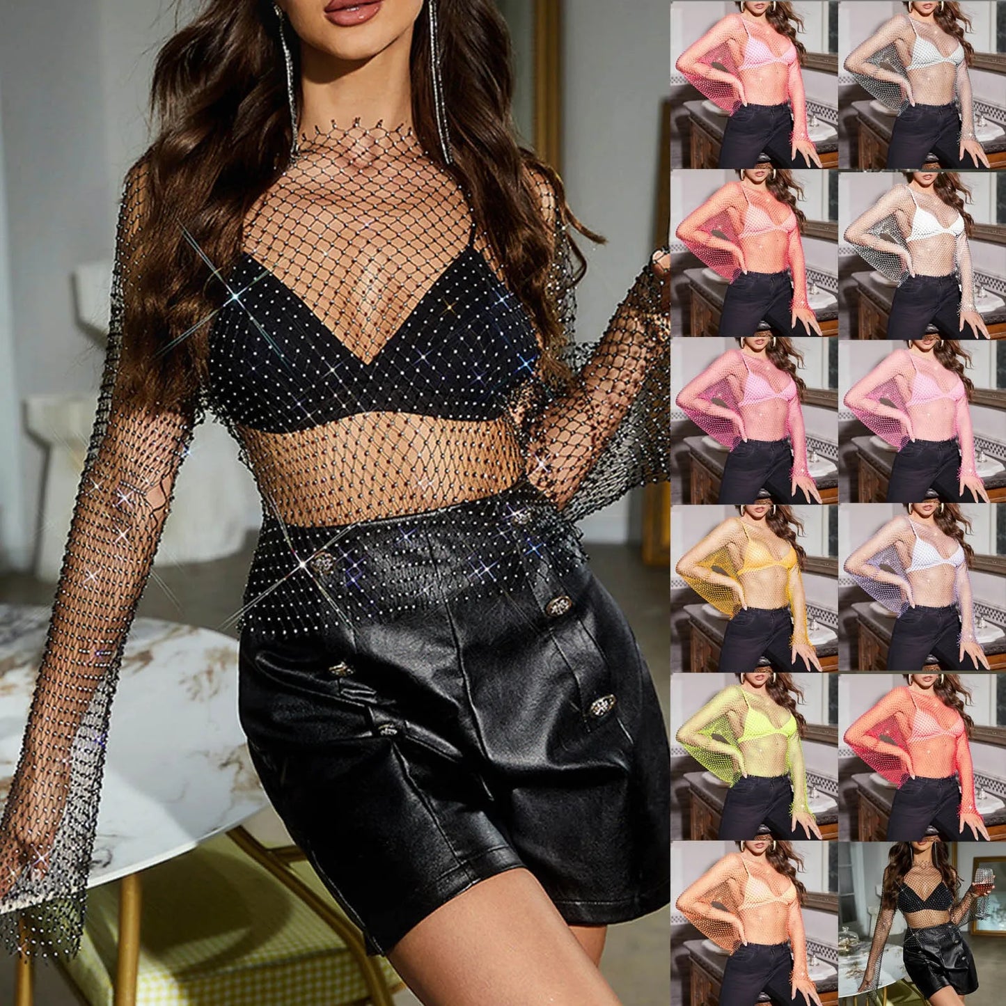 Unique New Mesh Diamond Mesh Body Chain Crystal Long Sleeved Fishing Net Crop Top Rhinestone Cover T Shirt Blouse Ropa De Mujer