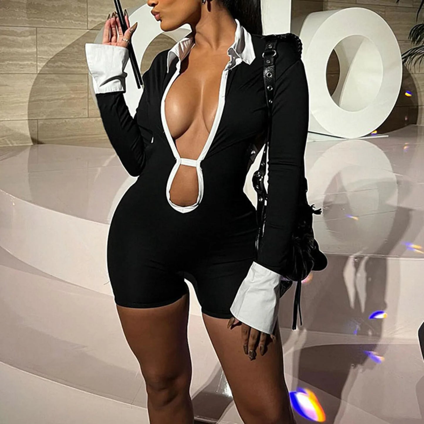 Black White Patchwork Deep V-Neck Hollow Out Jumpsuit Shorts Women Long Sleeve Backless Lace Up Club Party Rompers Outwear 2024