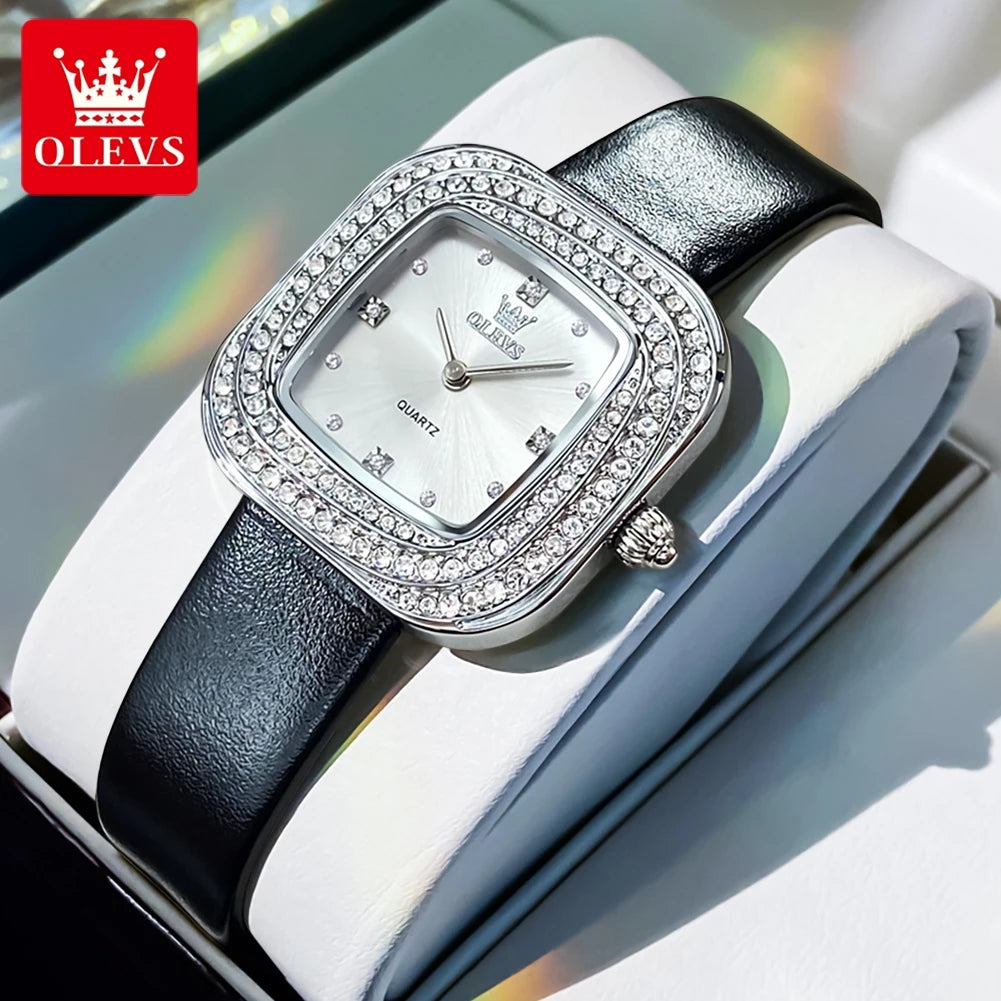 OLEVS 5512 Women Watch Luxury Diamond Square Dial Elegant Comfortable Waterproof Leather Strap Fashion Brand Women Quartz Watch