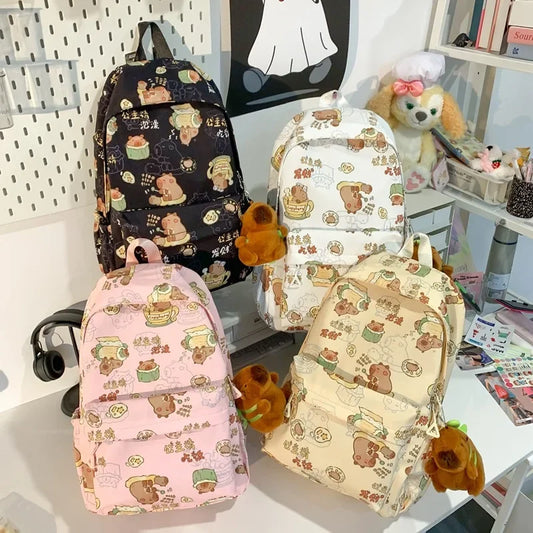 Cute Girl Backpack Lightweight Middle School Bag Large Capacity Capybara Student Backpack Nylon Handbag Student Laptop Bag