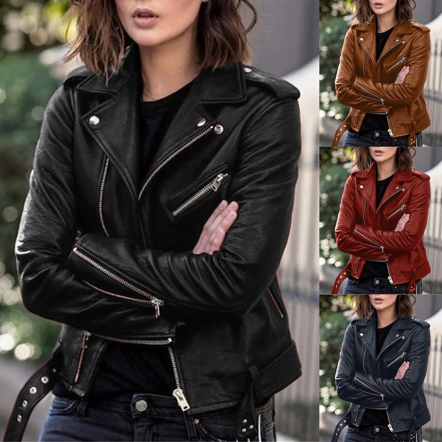 Autumn Women Plus Size PU Leather Jackets Slim Zipper Up Moto Biker Bomber Jacket Winter Belted Retro Women Short Coats S-5XL