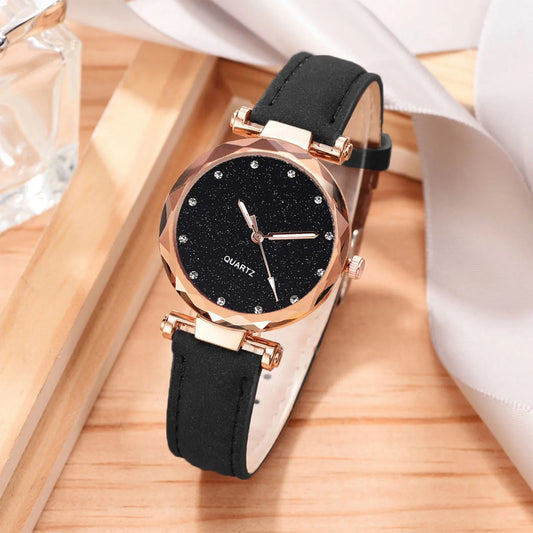 Silver Powder Diamond Face Women'S Watch Frosted Leather Strap For Women Casual Trend Watch Multifunctional Waterproof Watch