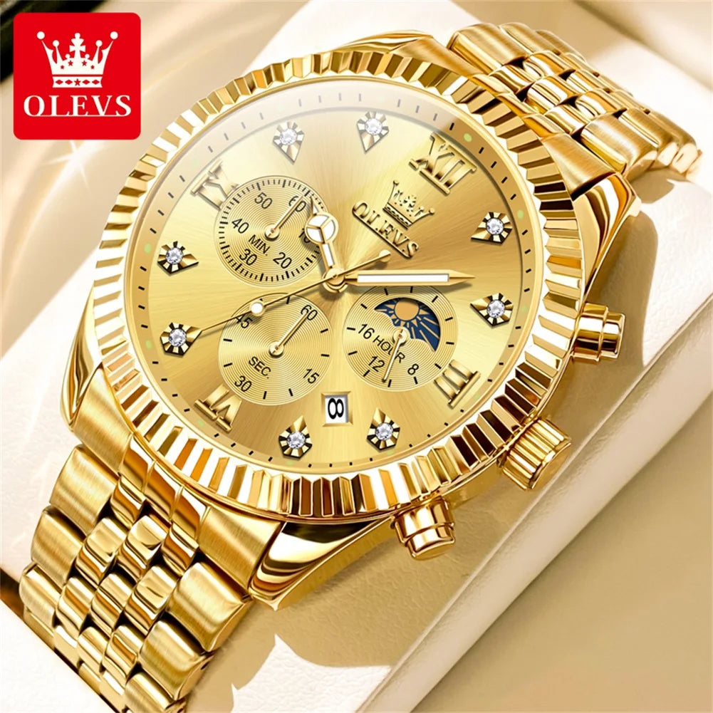 OLEVS 2932 High end Men's Watch Classic Lunar Phase Waterproof Stainless Steel Chronograph Watch Luxury Brand Quartz Men's Watch