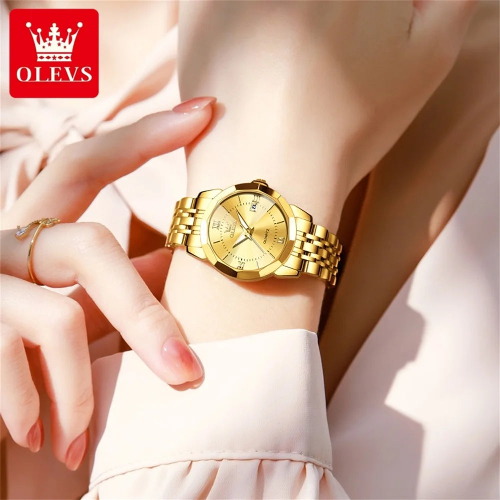 OLEVS Luxury Brand Women's Watches Prismatic Mirror Stainless steel Waterproof Dual Calendar Elegant Quartz Watch for Ladies Set