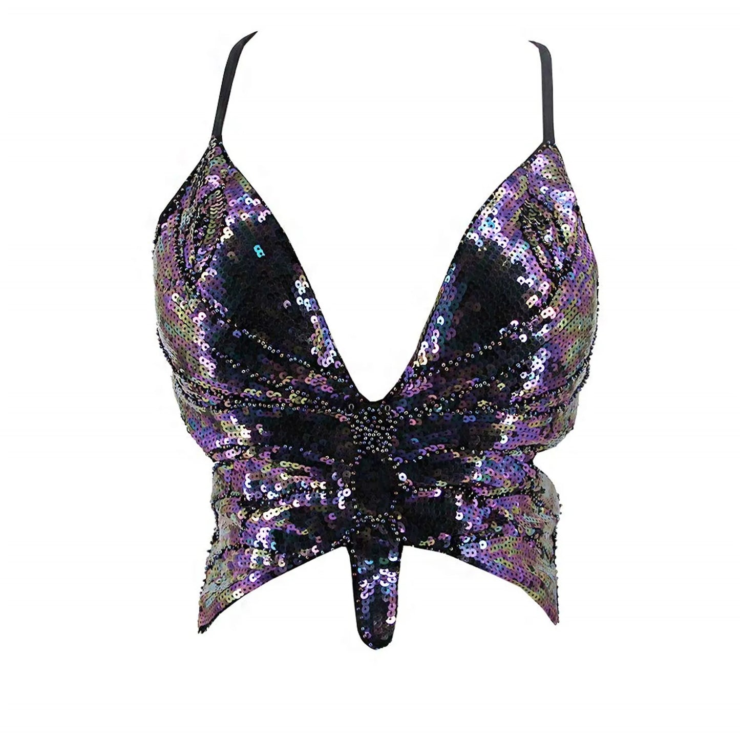 Sexy Glitter Sequins Butterfly Night Club Bra Vest Women's Fashion Sparkly Sleeveless Bandage Tank  Top Female Crop Dance Vest