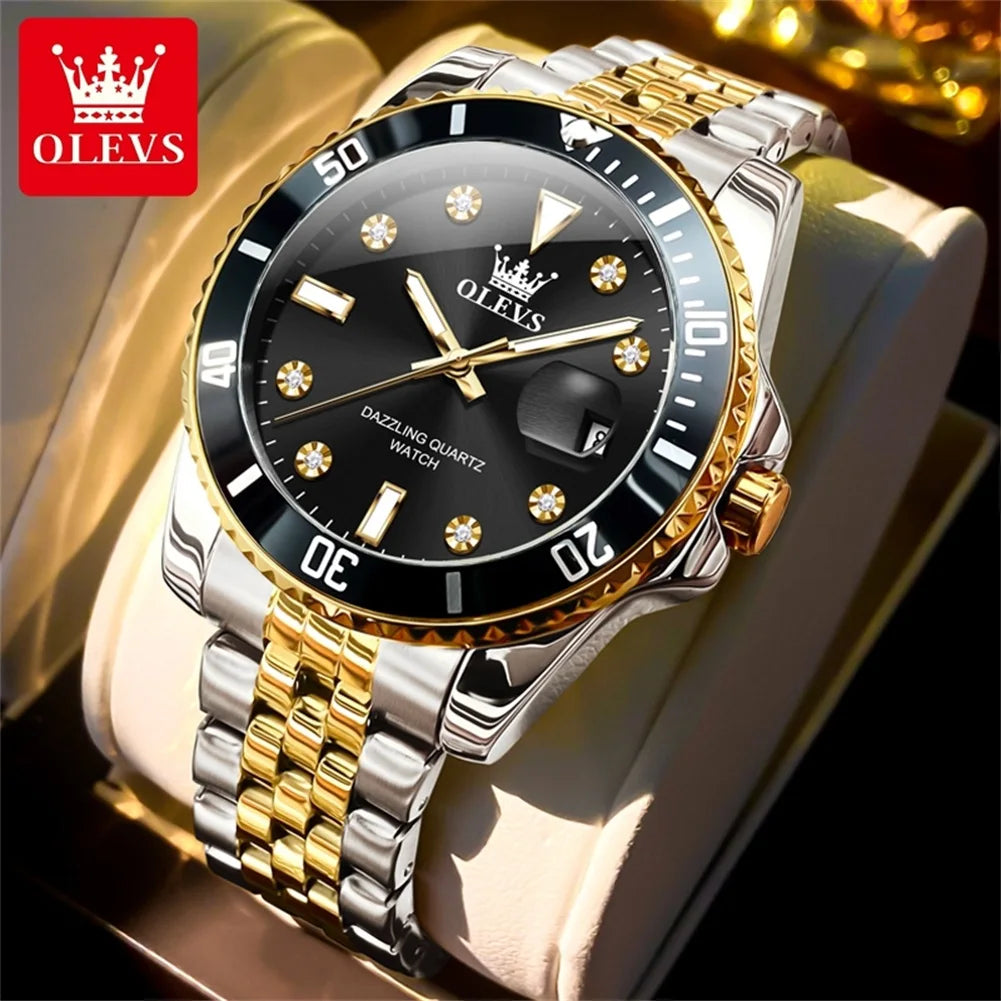 OLEVS 9809 Mens Watch Original Fashion Quartz Watch Zircon Scale Waterproof Luminous Reloj Hombre Automatic Date Watch For Man