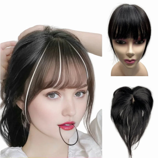 10inch Brazilian Human Hair Topper For Women with Fringe Hair Bangs Straight Replacement Hairpieces Add Hair Volume Non-remy