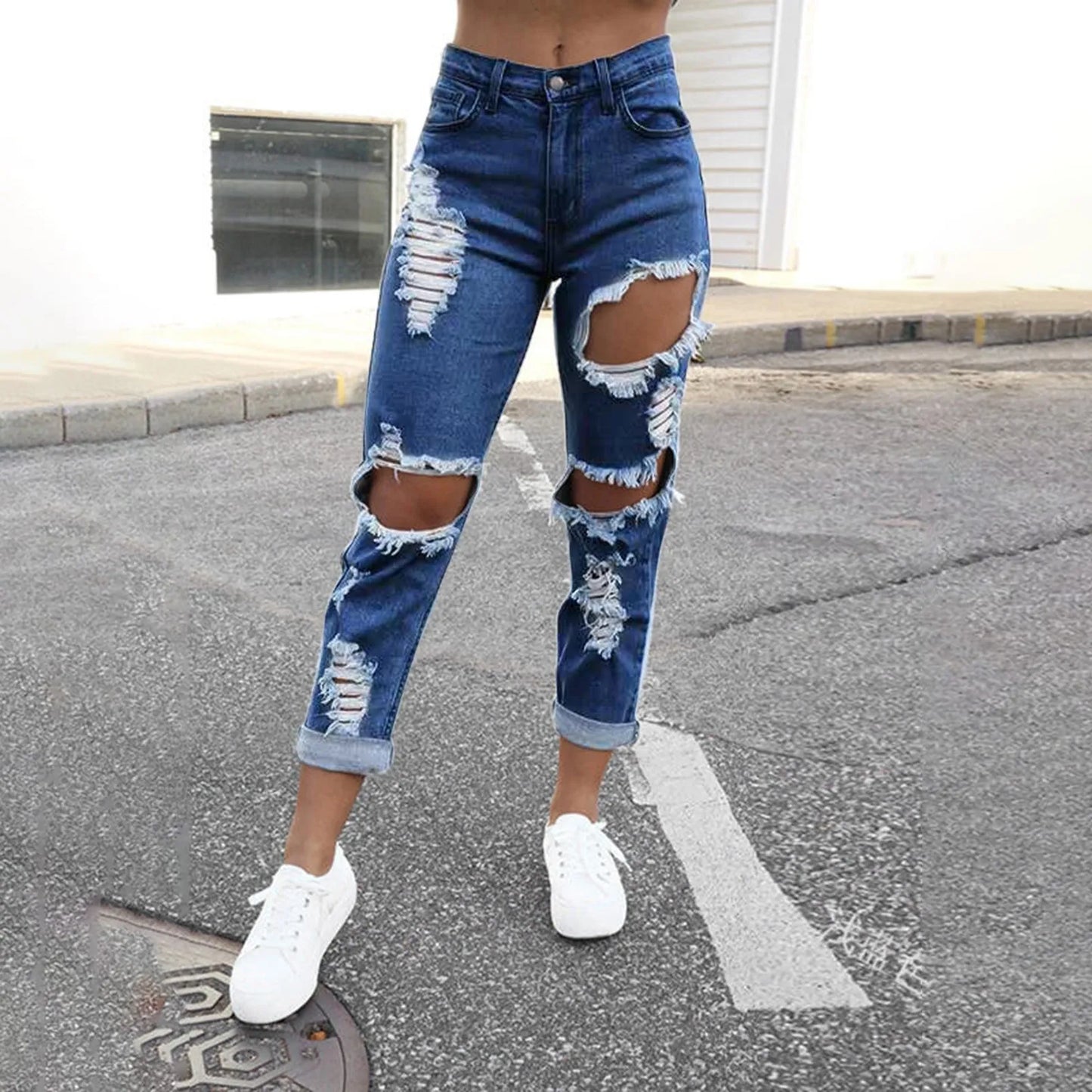 Hole Denim Women'S Jeans Buttocks Ripped Jeans Street Style Vertical Tube Denim Pants Frayed Tassel Ripped Jeans Japanese