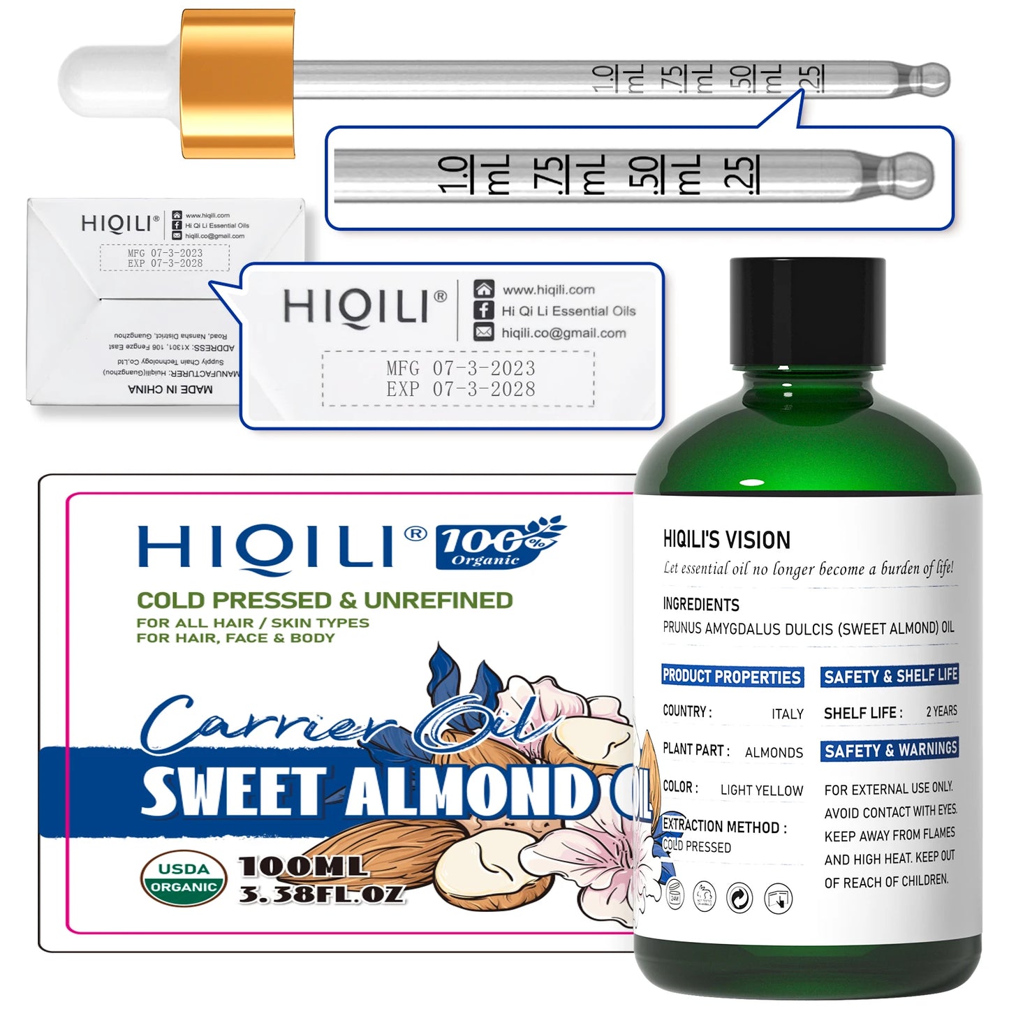 HIQILI 100ML Sweet Almond Oil ,Pure and Natural Carrier Oil for Hair, Skin, Body, Massage, Diluting Essential Oils