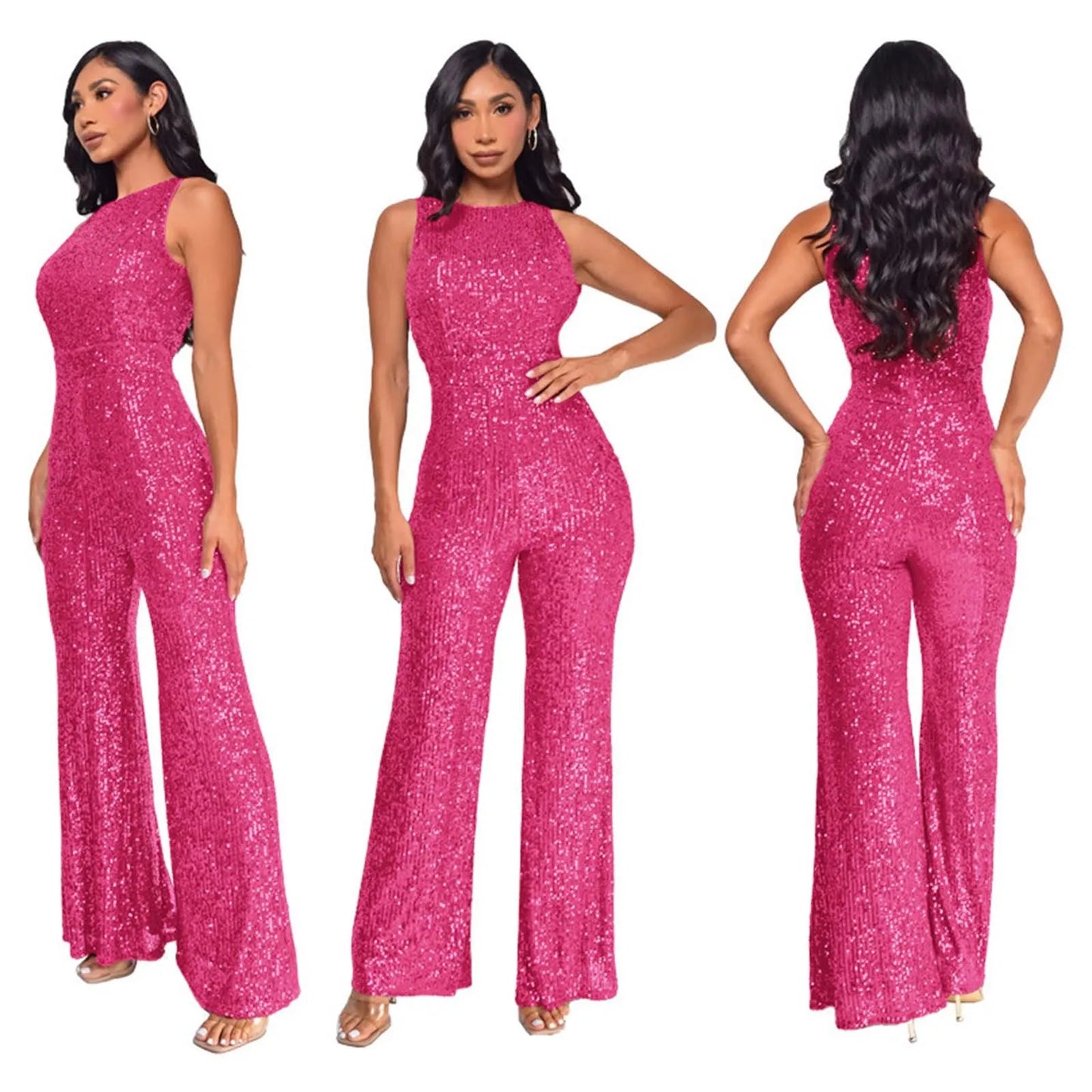 Sparkling Sequins Jumpsuits For Women Elegant Sleeveless Party Overalls Nightclub High Waist Straight Leg Pants Rompers Jumpsuit