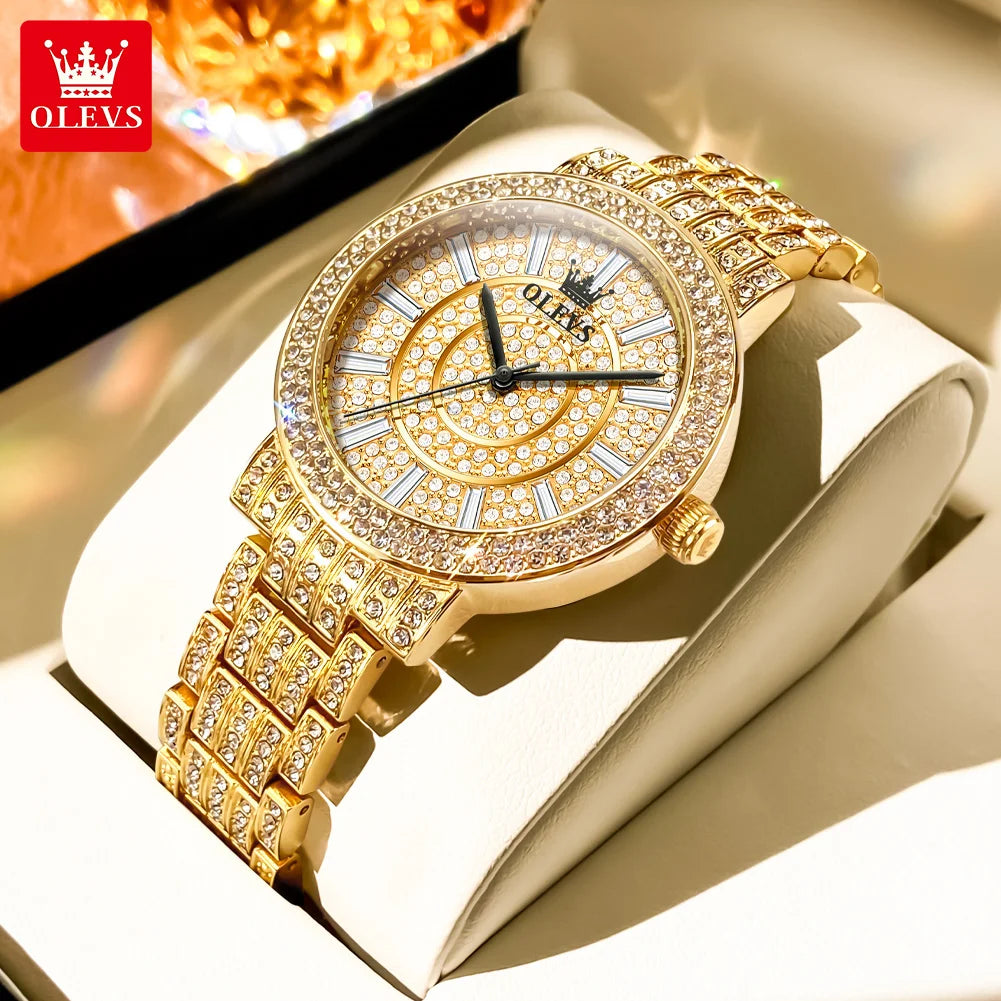 OLEVS Women's Watches Luxury Elegant Full Diamonds Original Quartz Watch for Man Waterproof Stainless Steel Gift Box Bracelet