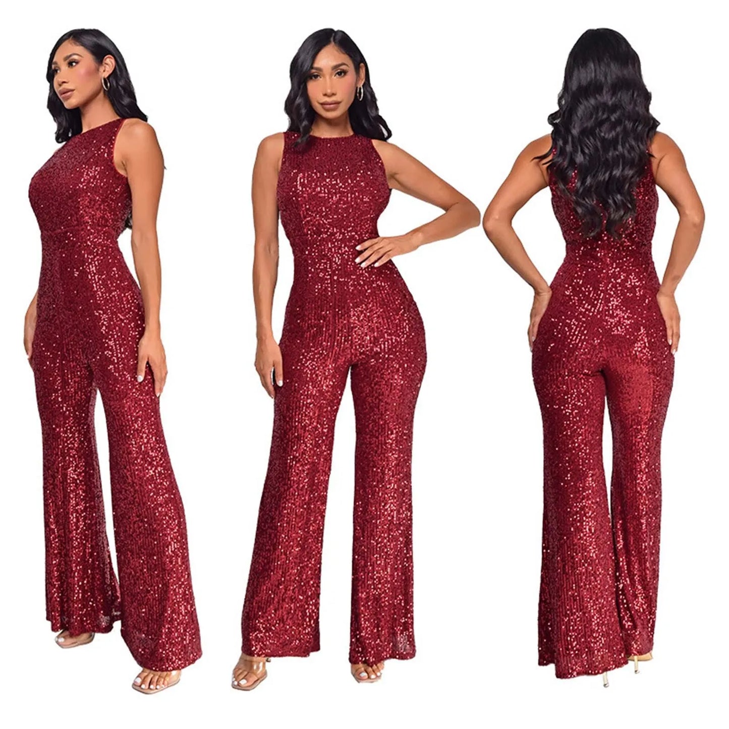 Sparkling Sequins Jumpsuits For Women Elegant Sleeveless Party Overalls Nightclub High Waist Straight Leg Pants Rompers Jumpsuit