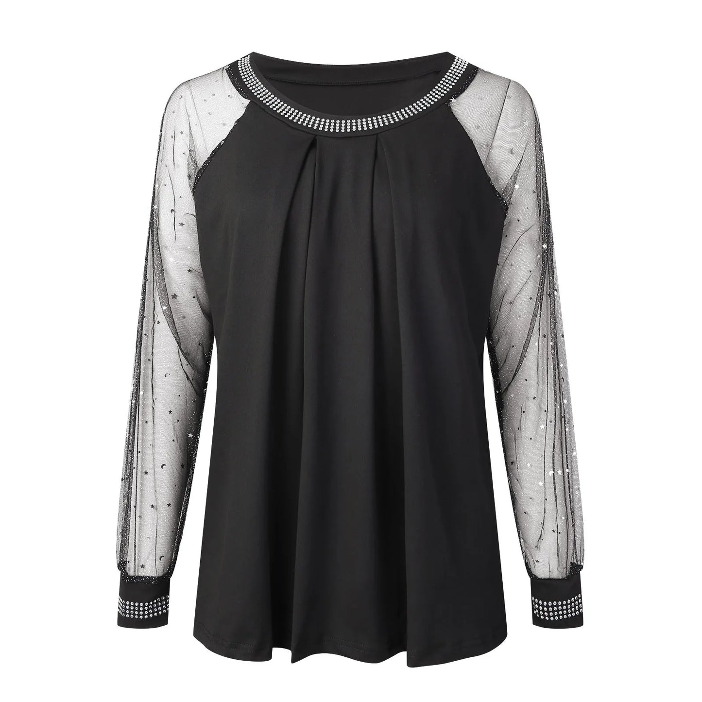 Woman Casual Rhinestone Sheer Mesh Patch Glitter Top Female Clothing New Women'S Fashion Long Sleeve Daily T-Shirt