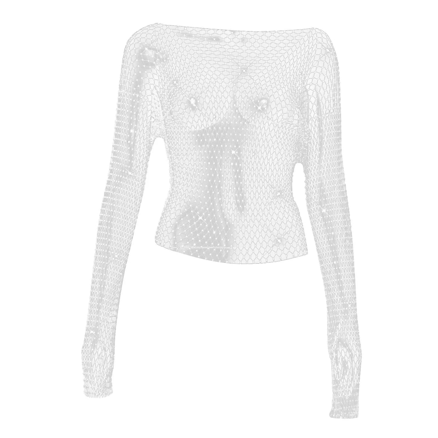 Unique New Mesh Diamond Mesh Body Chain Crystal Long Sleeved Fishing Net Crop Top Rhinestone Cover T Shirt Blouse Ropa De Mujer