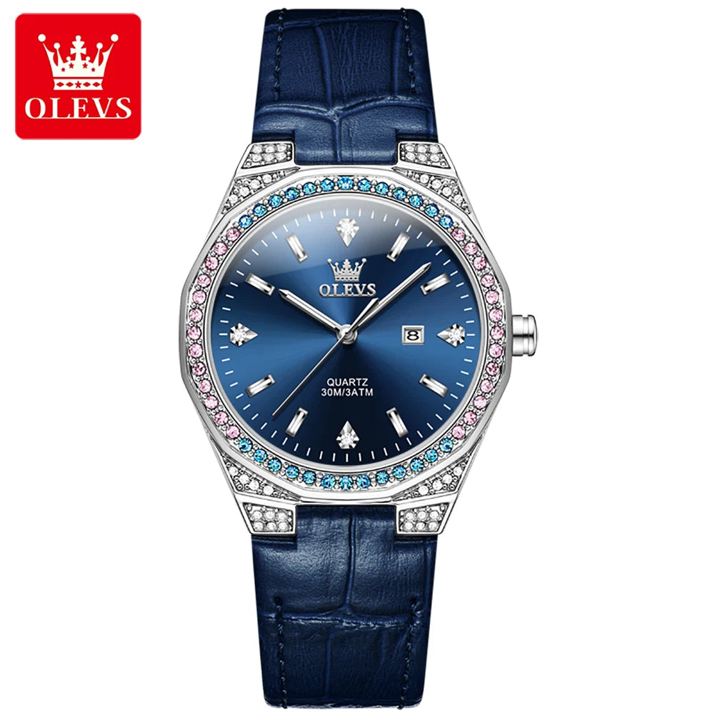 OLEVS Original Women's Watches Diamond Lap Fashion Leather Strap 3m Waterproof Luminous Ladies Wristwatch Quartz Watch for Women