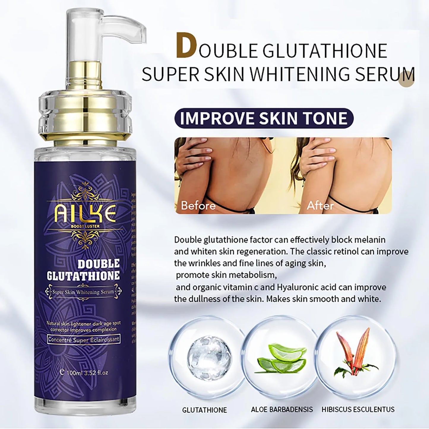 AILKE Hydrating & Brightening Serum for Dark Spots, Fine Lines and Wrinkles, With Collagen, Glutathione,Skin Rejuvenation Serum