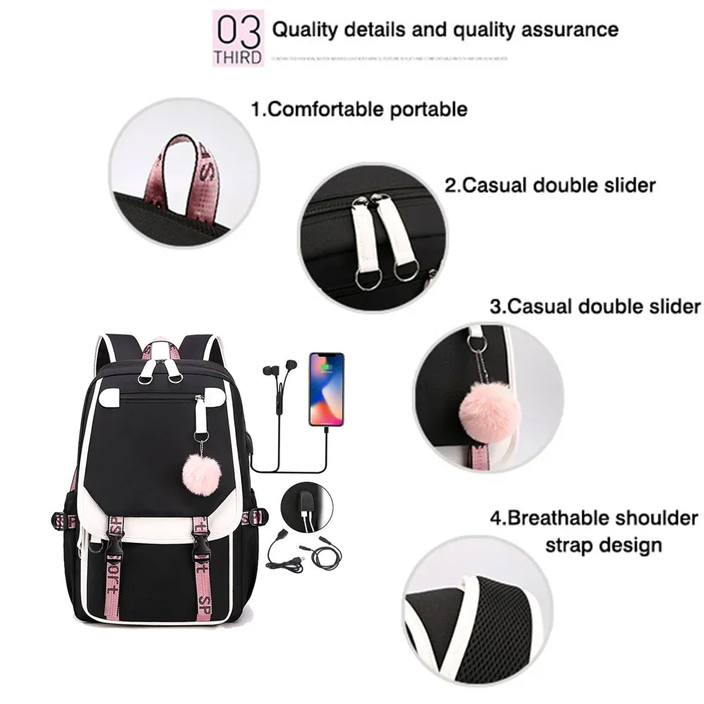 Cute Kanroji Mitsuri Backpack New Teenage Outdoor Street Anime Backpack High Quality USB Backpack Kanroji Mitsuri Backpack