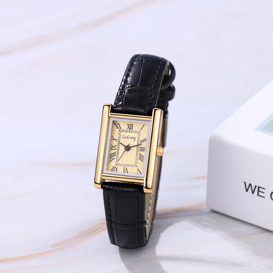 Lancardo Leather Rectangular Women Small Watch Silver Rectangular Roman Numerals Premium PU Strap Black Women's Exquisite Watch