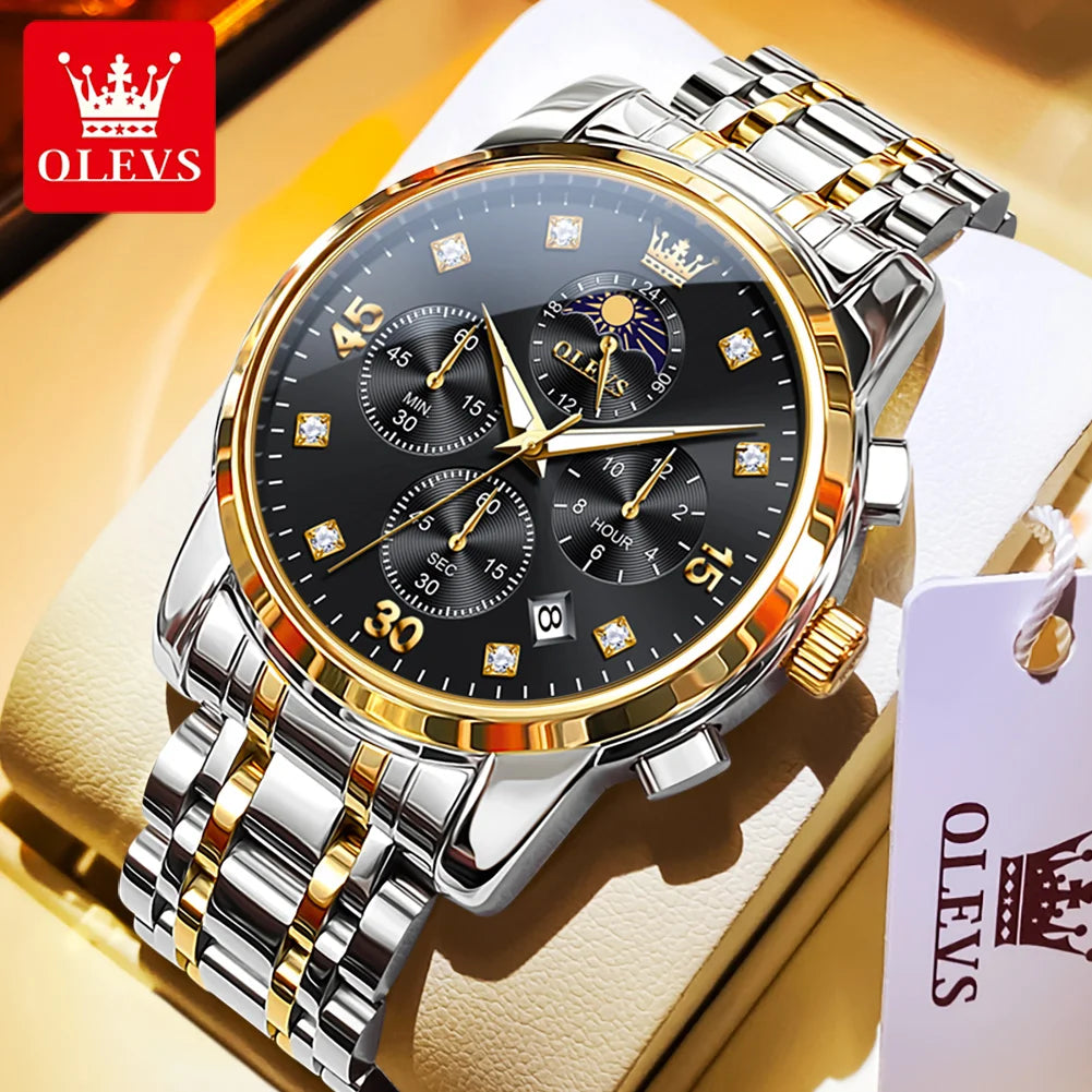 OLEVS 3652 Luxury Men's Watch Business Multifunctional Calendar Moon Phase Timing Waterproof Watch Top Brand Men's Quartz Watch